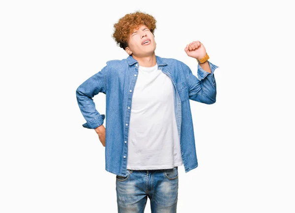 Young Handsome Man Afro Hair Wearing Denim Jacket Stretching Back — Stock Photo, Image