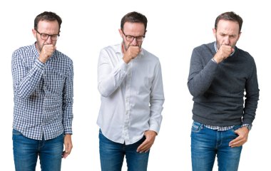 Kolaj yakışıklı üst düzey iş adamı üzerinde beyaz bir arka plan duygu hasta ve öksürük semptom olarak soğuk veya bronşit için izole. Sağlık kavramı.