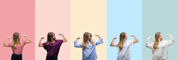 Collage Hermosa Mujer Joven Sobre Rayas Colores Fondo Aislado Mostrando —  Fotos de Stock