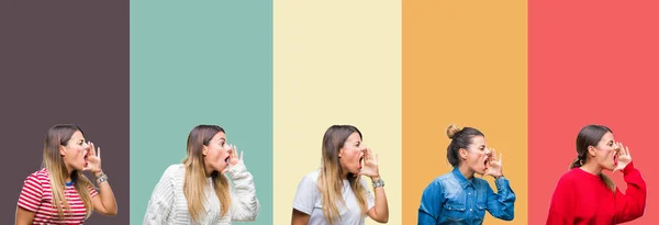 Collage Van Jonge Mooie Vrouw Kleurrijke Vintage Geïsoleerde Achtergrond Schreeuwen — Stockfoto