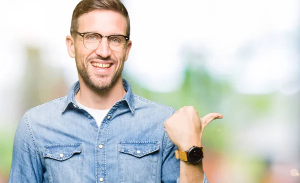 Handsome Man Wearing Glasses Smiling Happy Face Looking Pointing Side — Stock Photo, Image