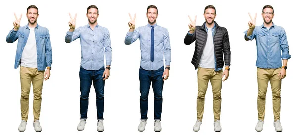 Collage Attraktiv Ung Man Över Vit Isolerade Bakgrund Visar Och — Stockfoto