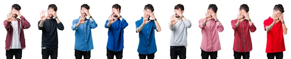 Колаж Молодої Людини Над Ізольованим Тлом Покриває Очі Руками Робить — стокове фото