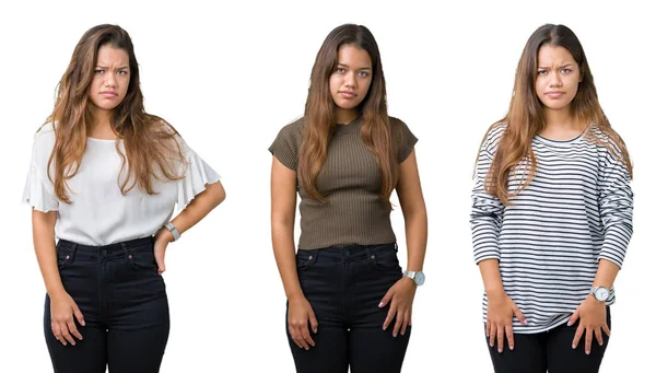 Collage Vackra Unga Kvinnan Över Isolerade Bakgrund Skeptiker Och Nervös — Stockfoto