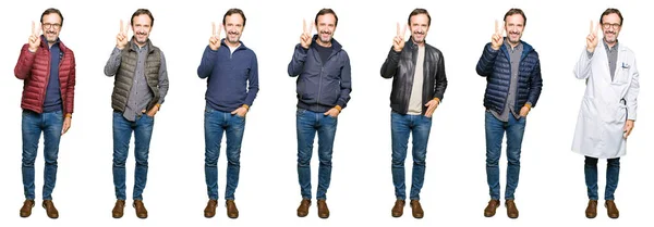 Collage Vacker Medelålders Man Bär Olika Utseende Över Vit Isolerad — Stockfoto