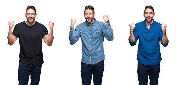 Colagem Homem Bonito Sobre Fundo Isolado Branco Comemorando Surpreso Surpreso — Fotografia de Stock