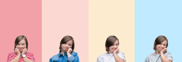 Collage Della Donna Sindrome Strisce Colorate Sfondo Isolato Cercando Stressato — Foto Stock
