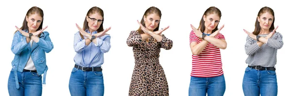 Collage Van Mooie Middelbare Leeftijd Vrouw Geïsoleerde Achtergrond Afwijzing Expressie — Stockfoto