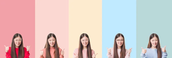 Collage Belle Femme Asiatique Sur Des Rayures Colorées Isolées Signe — Photo