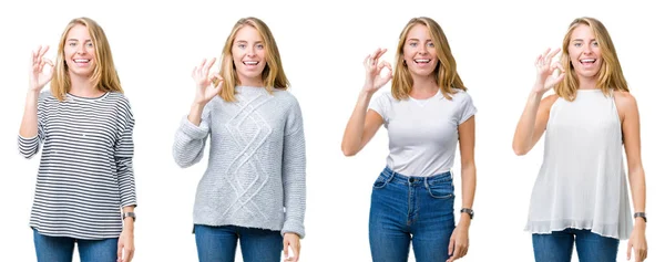 Collage Van Mooie Blonde Vrouw Witte Geïsoleerde Achtergrond Glimlachend Positieve — Stockfoto