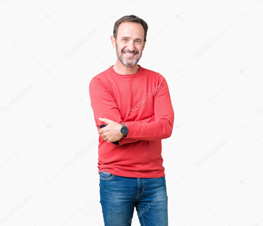 Handsome middle age hoary senior man wearing winter sweater over isolated background happy face smiling with crossed arms looking at the camera. Positive person.