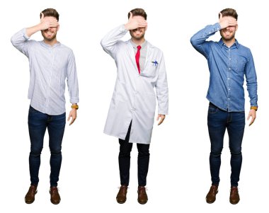 Beyaz izole arka plan üzerinde yakışıklı genç profesyonel adam Kolaj gülümseyerek ve sürpriz için gözleri kaplayan yüz el ile gülüyor. Kör kavramı.