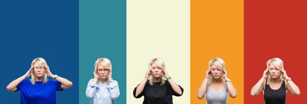 Collage Beautiful Blonde Woman Colorful Vintage Isolated Background Hand Head — Stock Photo, Image