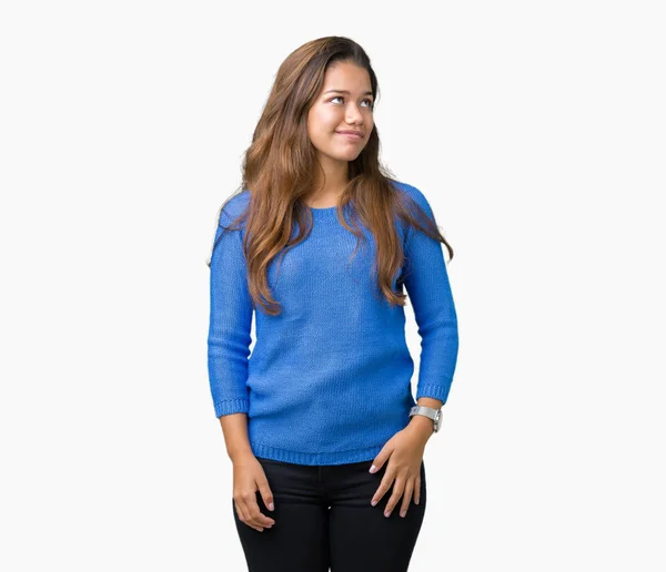 Young Beautiful Brunette Woman Wearing Blue Sweater Isolated Background Looking — Stock Photo, Image