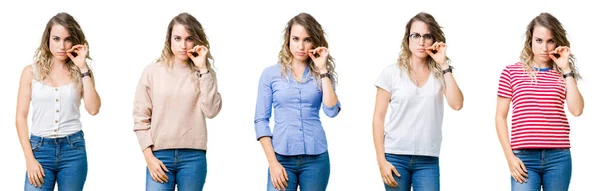 Collage Von Jungen Schönen Blonden Mädchen Über Isoliertem Hintergrund Mund — Stockfoto