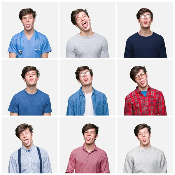 Collage Hombre Joven Sobre Fondo Blanco Aislado Que Sobresale Lengua —  Fotos de Stock