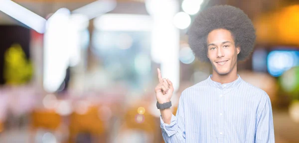 Young African American Man Afro Hair Big Smile Face Pointing — Stock Photo, Image