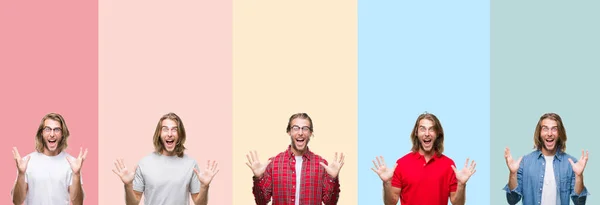 Collage Young Handsome Man Colorful Stripes Isolated Background Celebrating Crazy — Stock Photo, Image