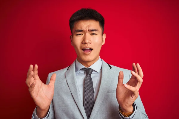 Asian Chinese Businessman Wearing Grey Jacket Tie Standing Isolated Red — Stock Photo, Image