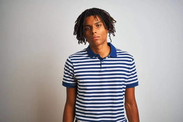 Afro Man Dreadlocks Wearing Striped Blue Polo Standing Isolated White — Stock Photo, Image