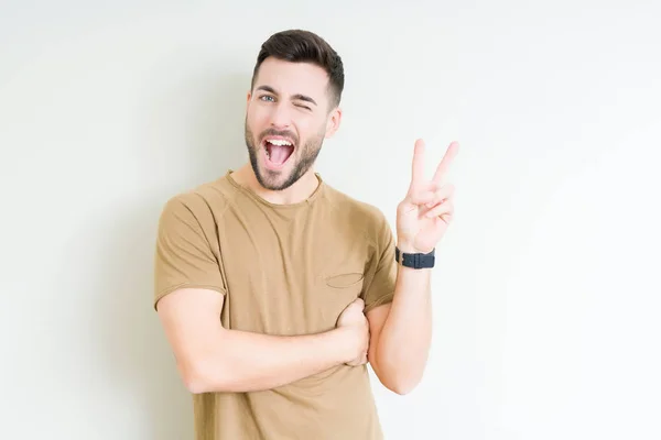 Jovem Homem Bonito Sobre Fundo Isolado Sorrindo Com Rosto Feliz — Fotografia de Stock