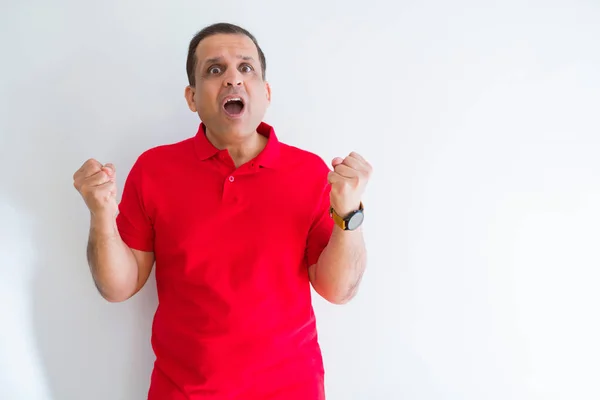 Middle Age Man Wearing Red Shirt White Wall Celebrating Surprised — Stock Photo, Image