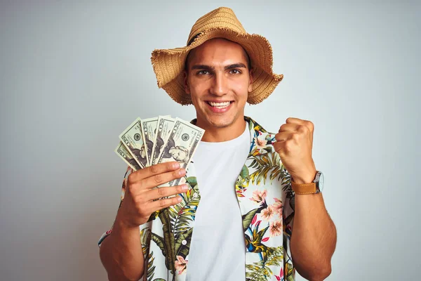 Junger Mann Urlaub Mit Dollarnoten Vor Weißem Hintergrund Der Stolz — Stockfoto