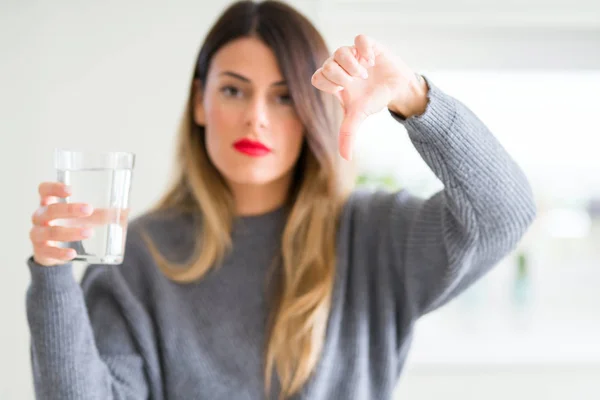 Young Beautiful Woman Drinking Glass Water Home Angry Face Negative — Stock Photo, Image