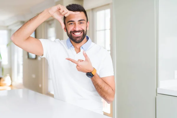 Handsome Hispanic Man Casual White Shirt Home Smiling Making Frame — Stock Photo, Image