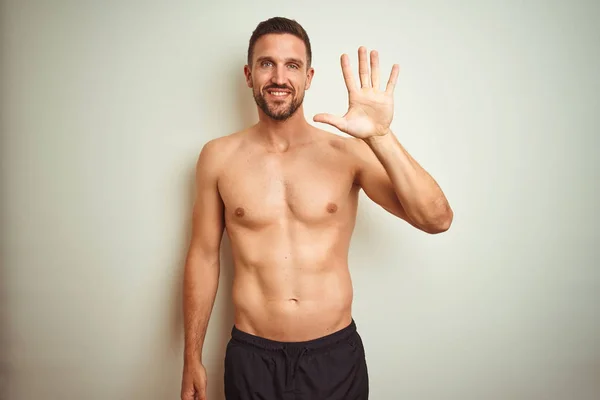 Young Handsome Shirtless Man Isolated Background Showing Pointing Fingers Number — Stock Photo, Image