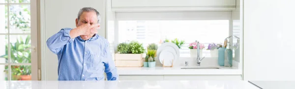 Wide Angle Perspective Handsome Senior Man Home Smelling Something Stinky — Stock Photo, Image