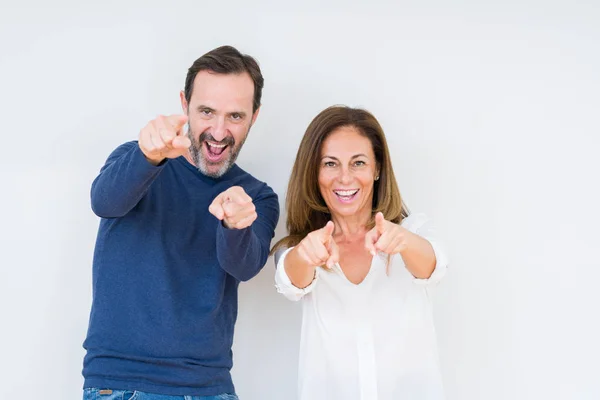 Beautiful Middle Age Couple Love Isolated Background Pointing You Camera — Stock Photo, Image