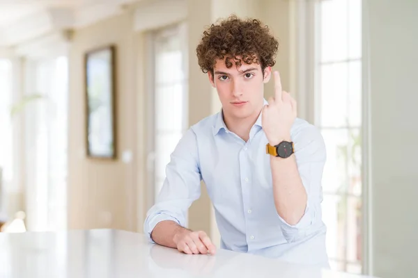 Young Business Man Curly Read Head Showing Middle Finger Impolite — Φωτογραφία Αρχείου