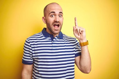 Sakallı genç kel adam başarılı bir fikir ile parmak işaret sarı izole arka plan üzerinde rahat çizgili mavi t-shirt giyiyor. Çıktı ve mutlu. Bir numara.