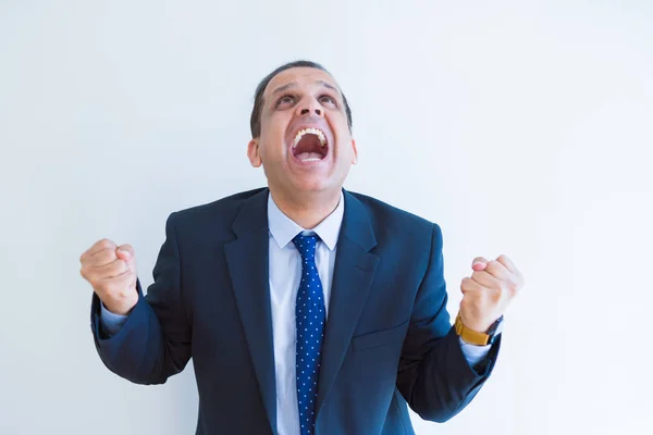 Hombre de negocios de mediana edad celebrando y gritando feliz por succ —  Fotos de Stock