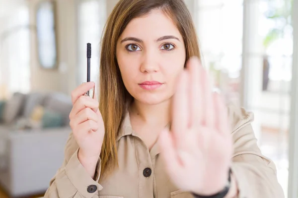 Beautiful Young Woman Putting Lash Mascara Eyelashes Open Hand Doing — Stock Photo, Image