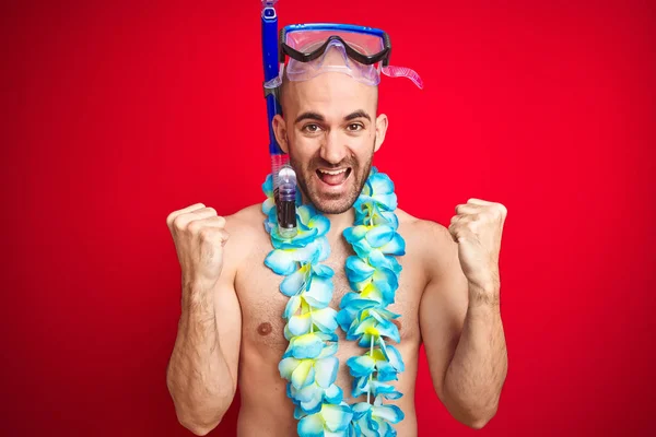 Young Man Wearing Diving Snorkel Goggles Hawaiian Lei Flowers Isolated Stock Image