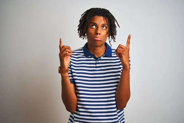 Afro Man Dreadlocks Wearing Striped Blue Polo Standing Isolated White — Stock Photo, Image