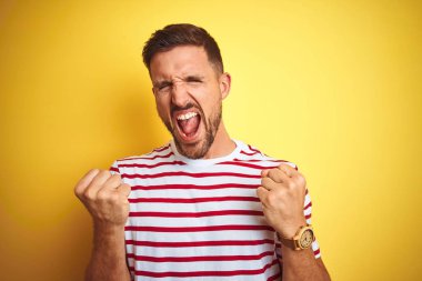 Genç yakışıklı adam sarı izole arka plan üzerinde rahat kırmızı çizgili t-shirt giyen çok mutlu ve heyecanlı kolları kaldırdı ile kazanan jest yapıyor, gülümseyerek ve başarı için çığlık. Kutlama konsepti.