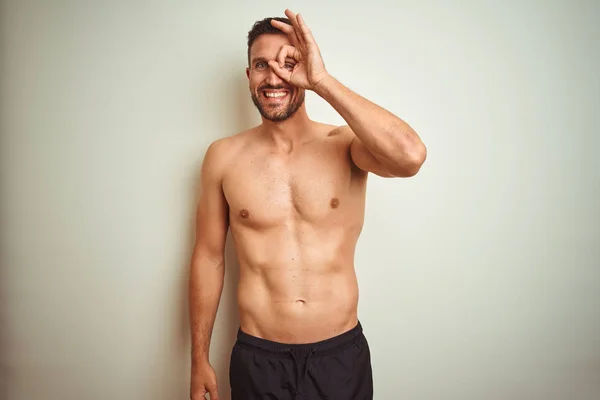 Young Handsome Shirtless Man Isolated Background Doing Gesture Hand Smiling — Stock Photo, Image