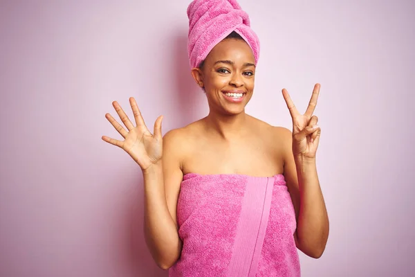 African American Woman Wearing Shower Towel Bath Pink Isolated Background — Stock Photo, Image