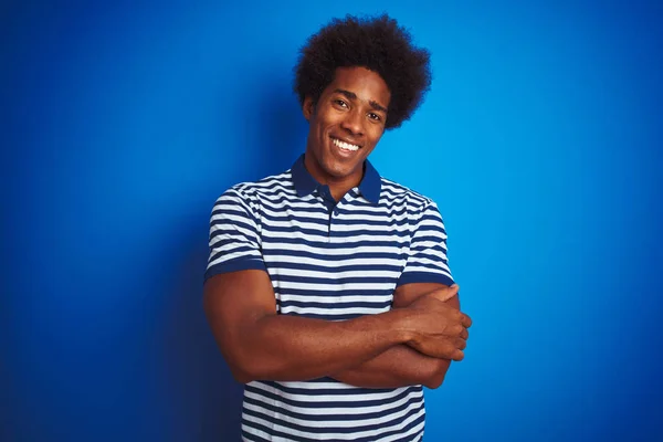 Afroamerikansk Man Med Afro Hår Klädd Randig Polo Stående Över — Stockfoto