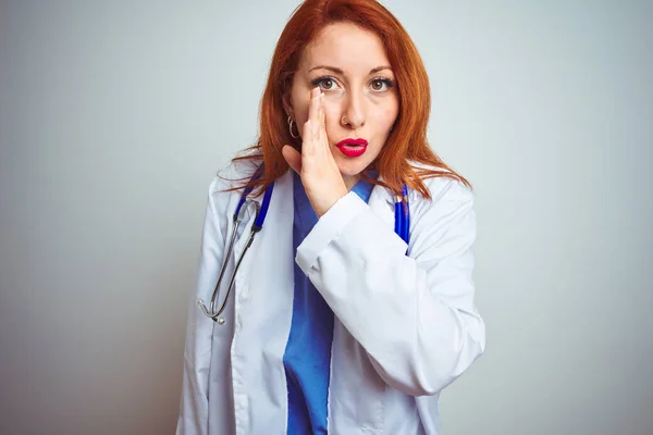 Young Redhead Doctor Woman Using Stethoscope White Isolated Background Hand — Stock Photo, Image