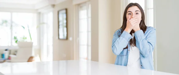 Wide Angle Picture Beautiful Young Woman Sitting White Table Home — Stock Photo, Image