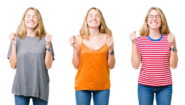 Collage Einer Schönen Blonden Frau Vor Weißem Isoliertem Hintergrund Die — Stockfoto