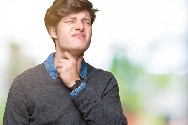 Joven Guapo Elegante Hombre Sobre Aislado Fondo Tocando Doloroso Cuello — Foto de Stock