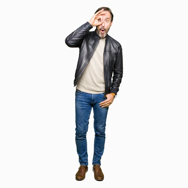 Middle Age Handsome Man Wearing Black Leather Jacket Doing Gesture — Stock Photo, Image