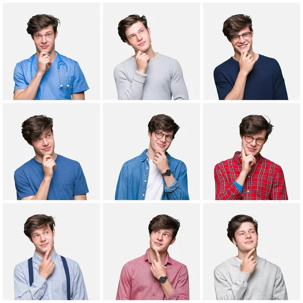 Collage Young Man White Isolated Background Hand Chin Thinking Question — Stock Photo, Image