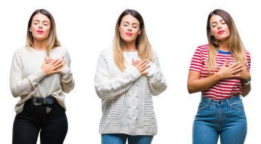 Kolaj ile gülümseyen izole arka plan üzerinde genç güzel kadın kapalı gözler ve yüzünde minnettar jest ile göğüs üzerinde eller. Sağlık kavramı.