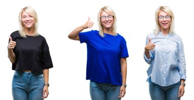 Güzel sarışın kadın hareketi el ile mutlu yaşasın yapıyor izole arka plan yüzünden kolaj. Kameraya bakarak başarı gösteren ile ifade onaylama.